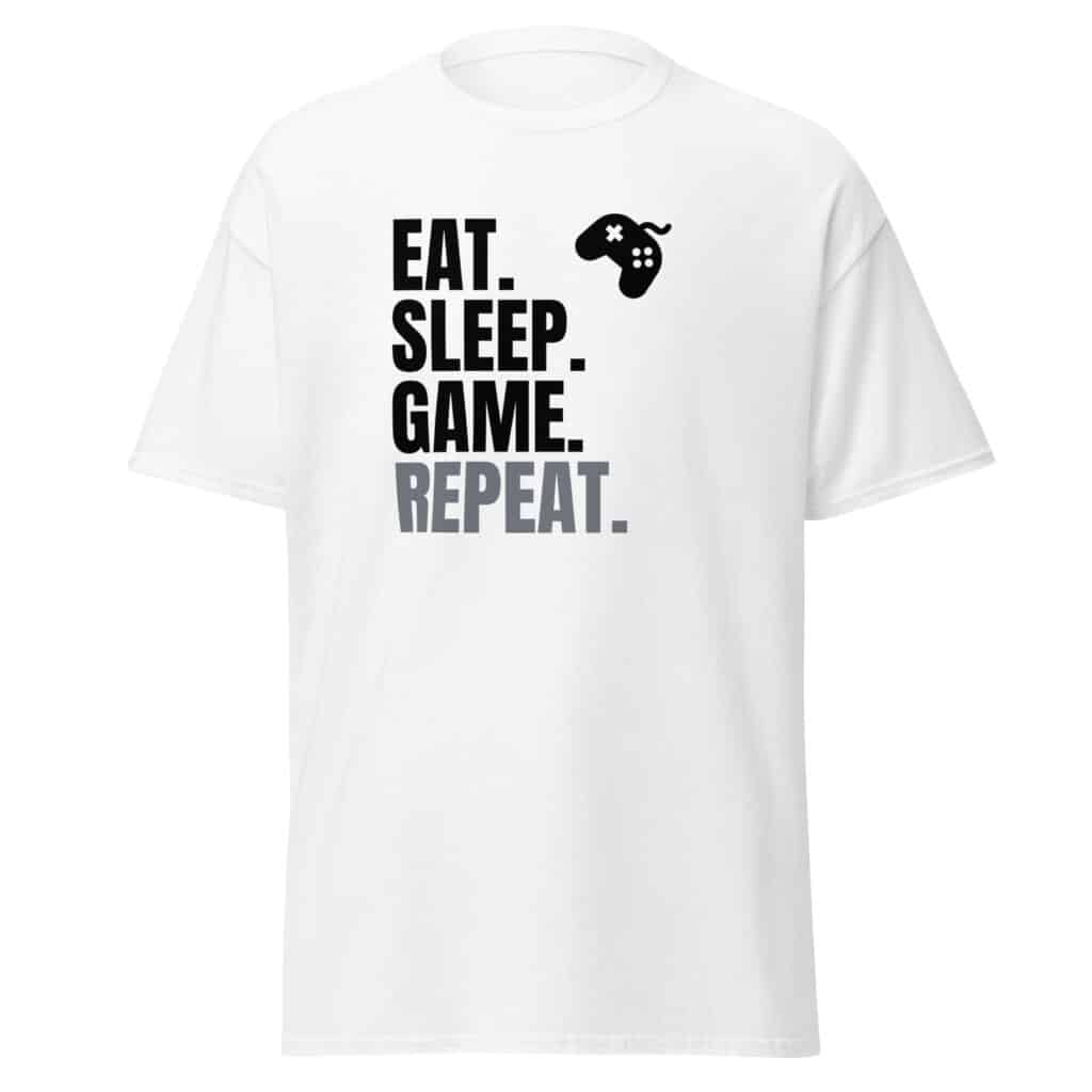 Cool Style Gaming T-shirt in White "EAT SLEEP GAME REPEAT"