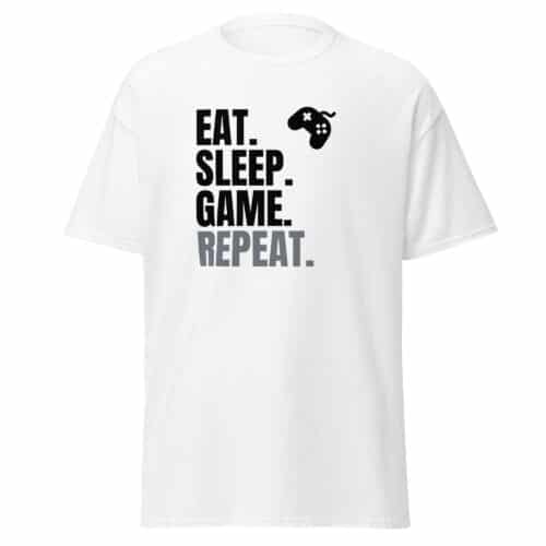 Cool Style Gaming T-shirt in White "EAT SLEEP GAME REPEAT"