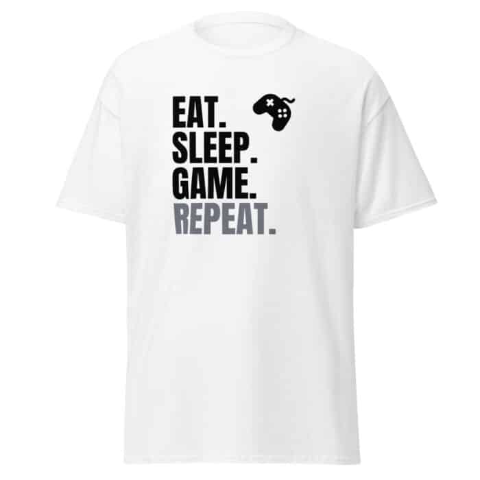 Cool Style Gaming T-shirt in White "EAT SLEEP GAME REPEAT"